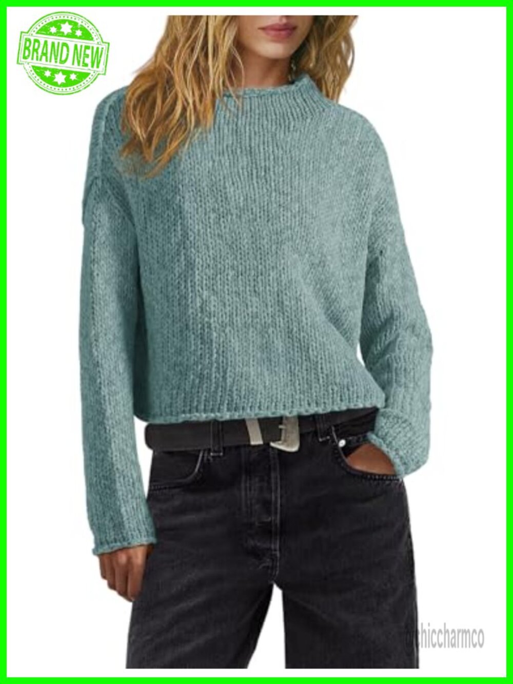 Womens Mock Neck Cropped Sweater Chunky Knit Cable Pullover
